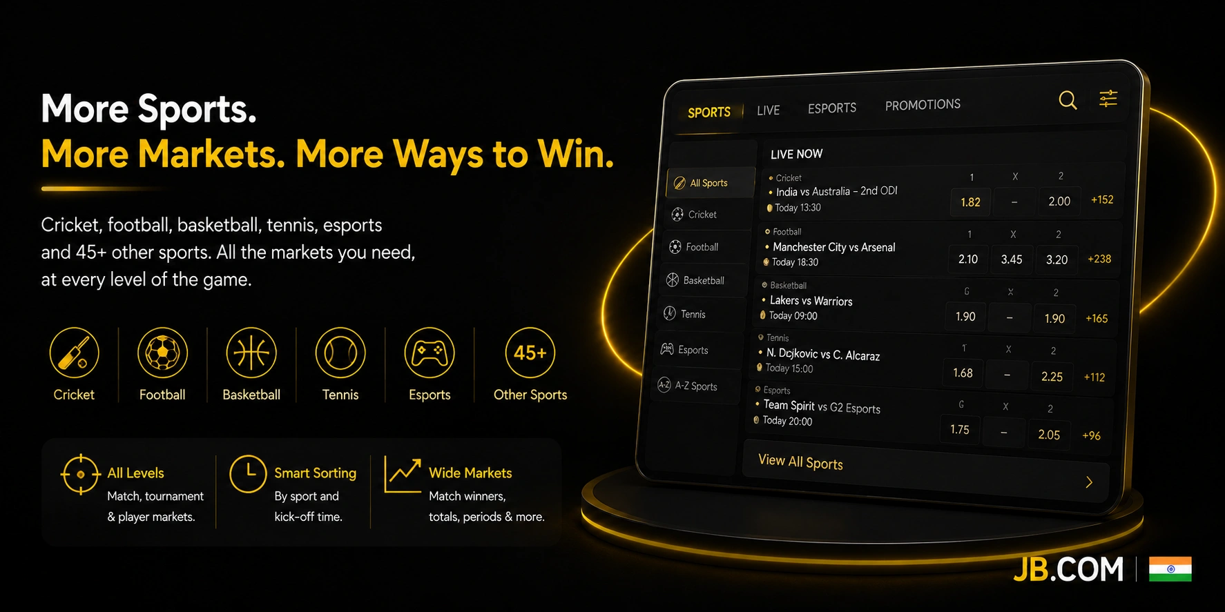 JB.COM India live odds tablet with cricket football esports